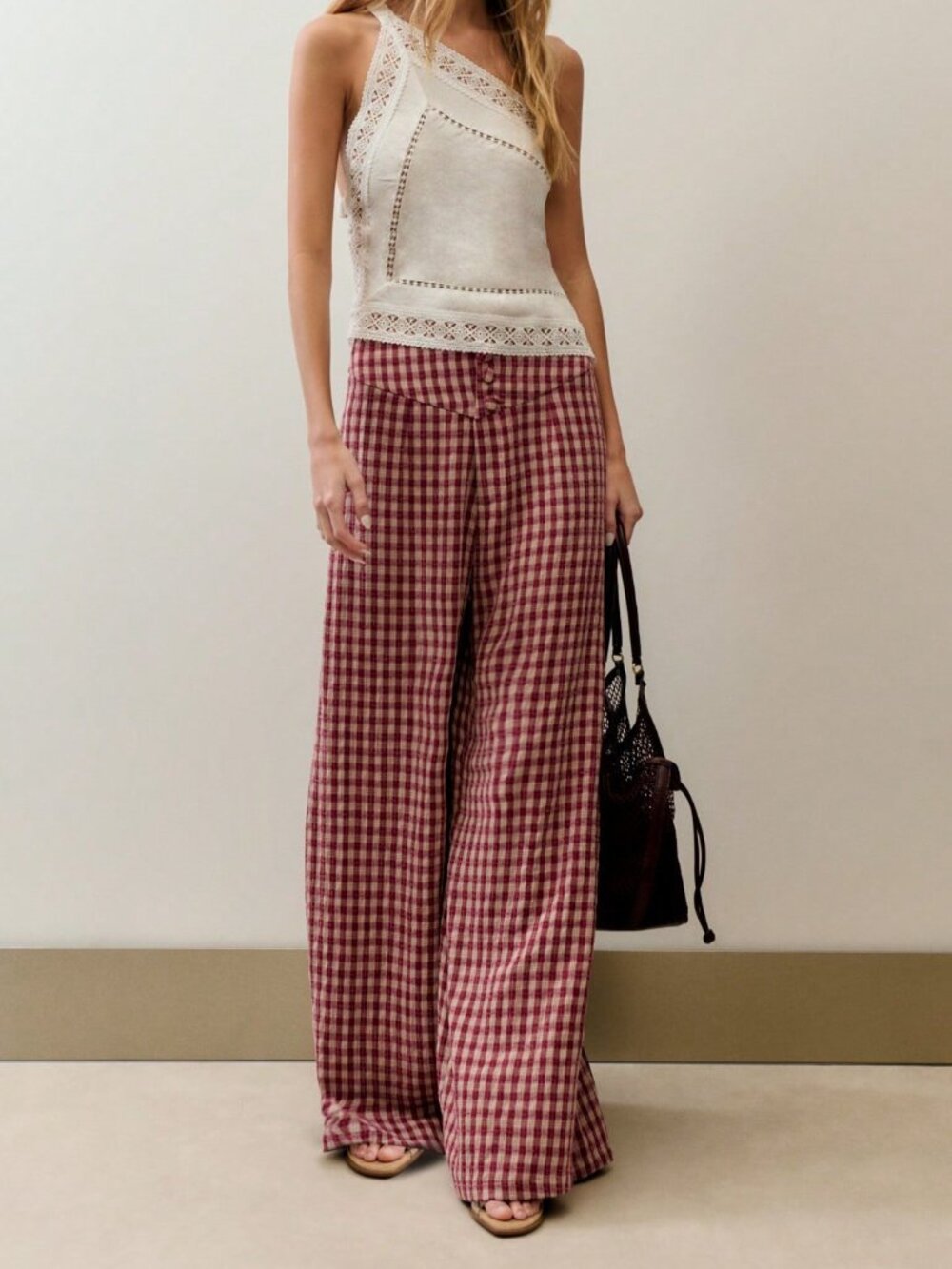 Burgundy Casual Women's Plaid Color Blocked High-Waisted Loose Wide-Leg Trousers
